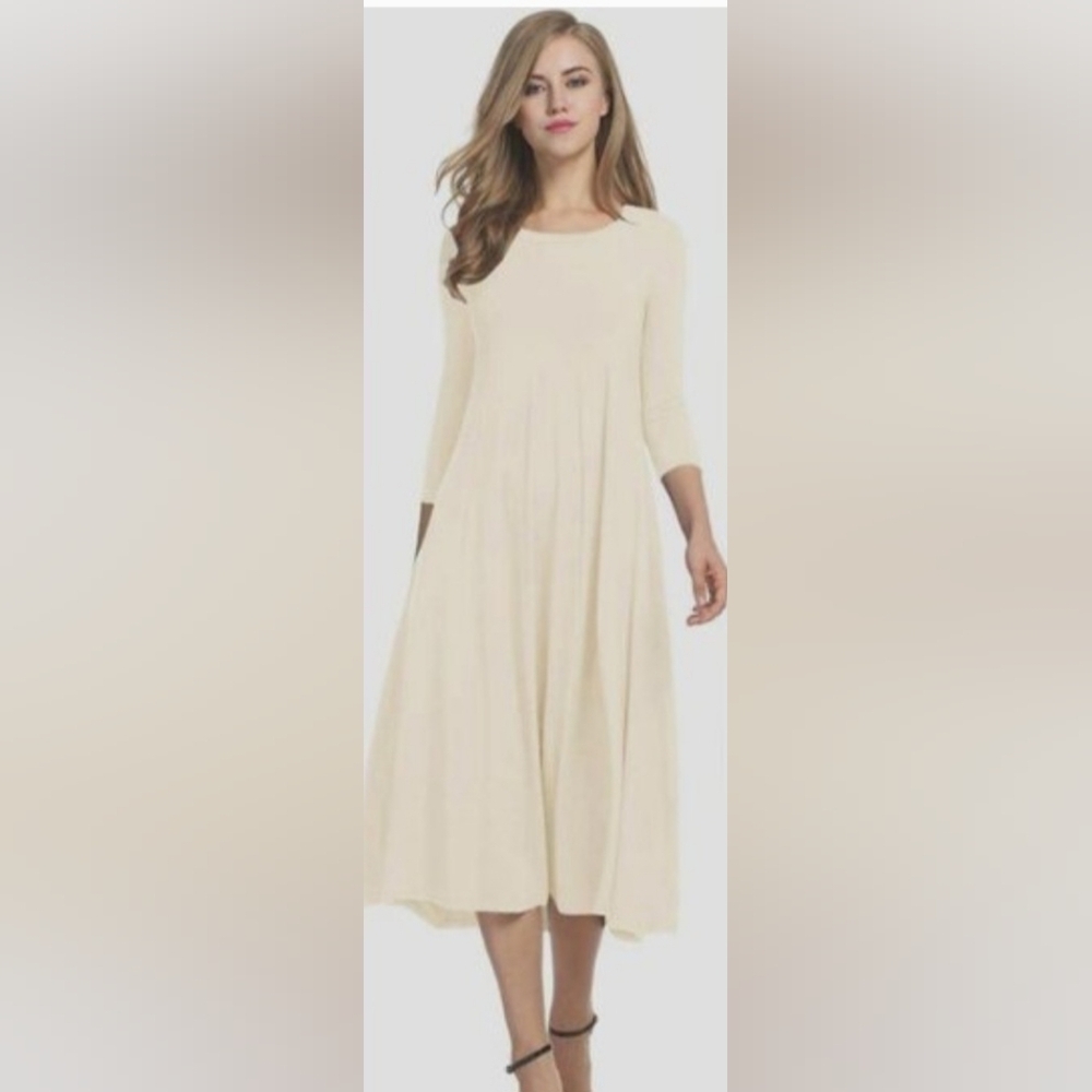 Hotouch Elegant Flare Midi Long 3/4" Sleeves Cream Dress - Size Large